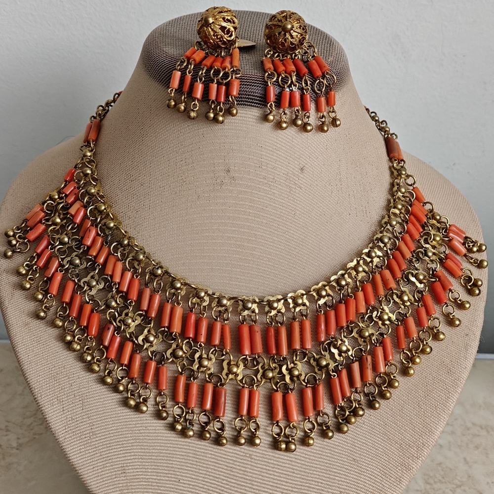 Book Piece Egyptian Revival Genuine Coral & Brass Necklace And Earrings Set